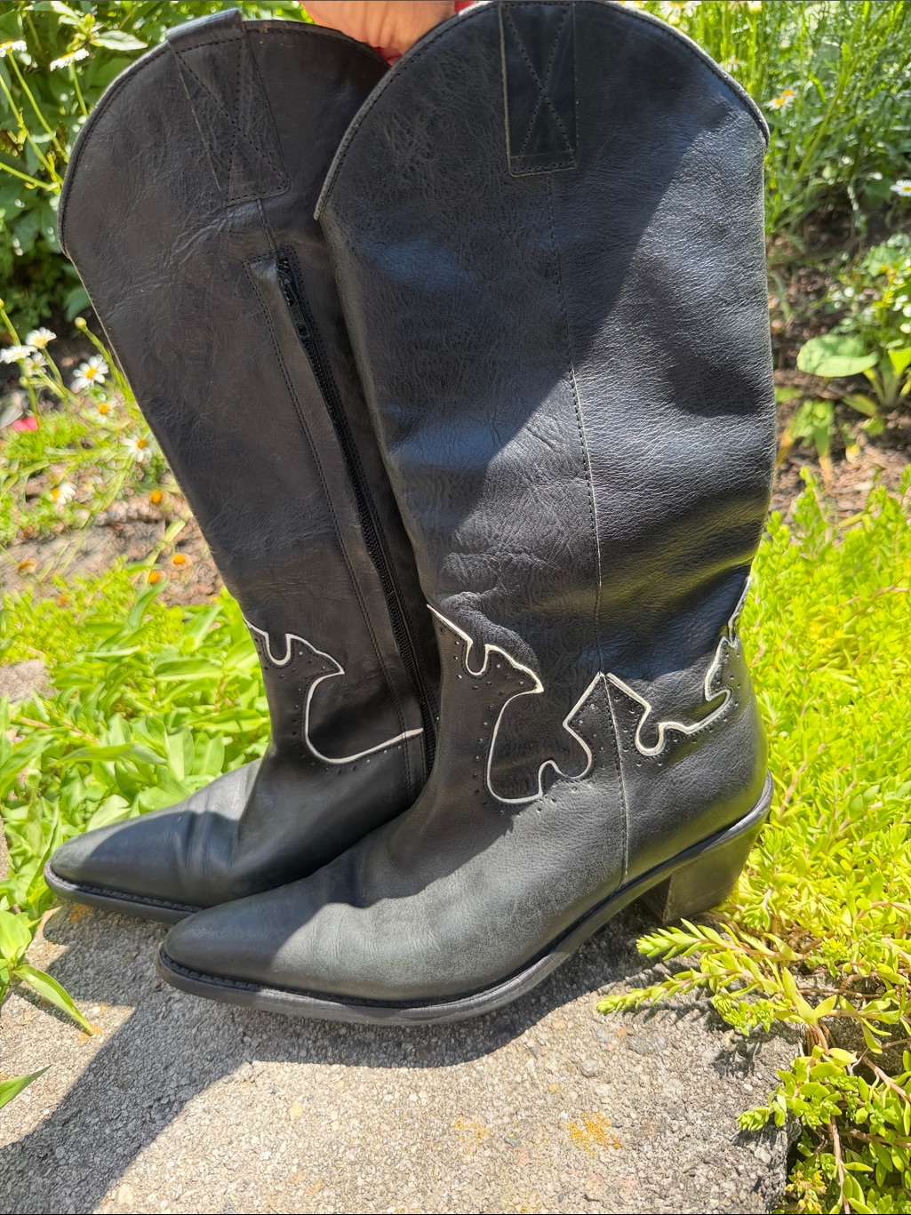 Black Handcrafted Italian Cowboy Boots With Contrast Stitching